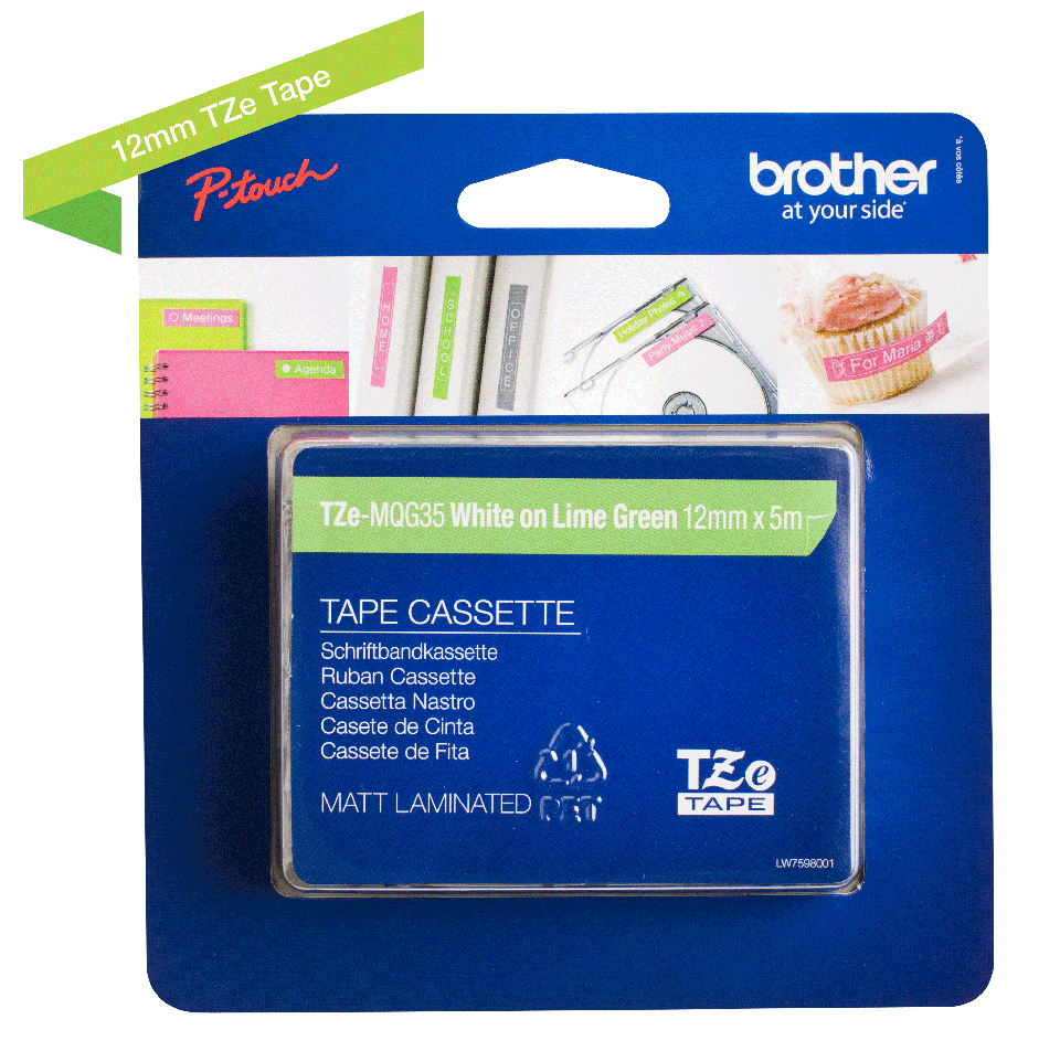 Oriģināla Brother TZe-MQG35 uzlīmju lentes kasete - baltas drukas laima zaļa, 12mm plata 3